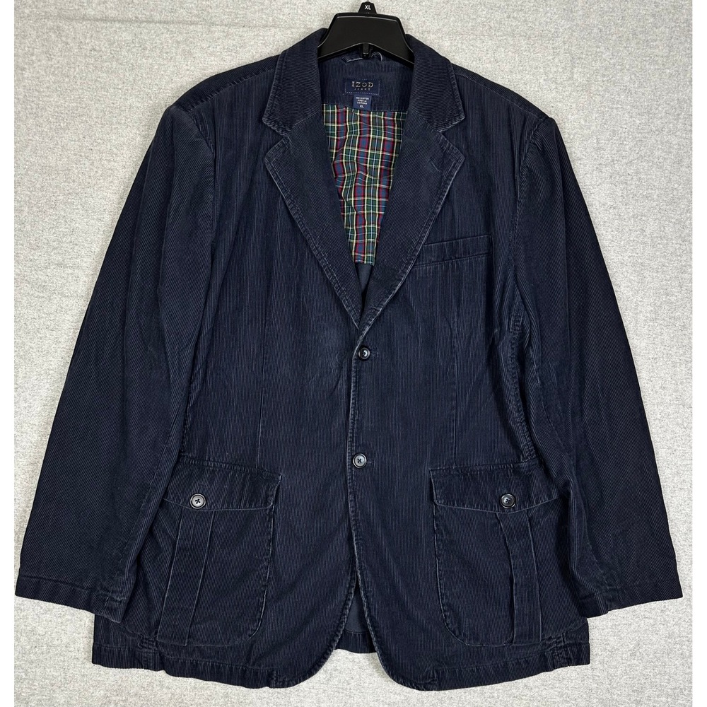 VTG Izod Corduroy Blazer Mens XL Navy Blue Unstructured Plaid Lined Sport Coat